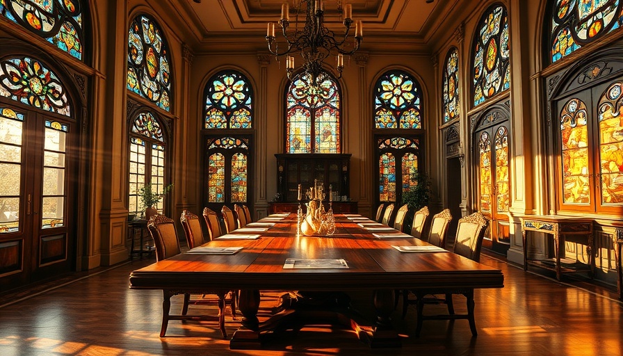 Stunning stained glass windows in elegant dining room with warm lighting.