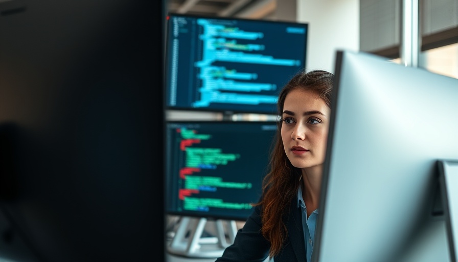 Professional woman monitors AI use in office setting.