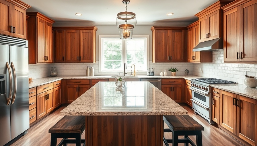 Modern farmhouse kitchen with two-tone cabinets and granite island.