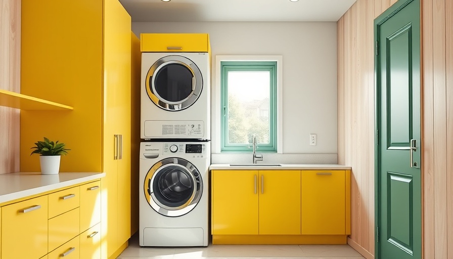Stylish laundry room designs with yellow cabinets and modern washer.