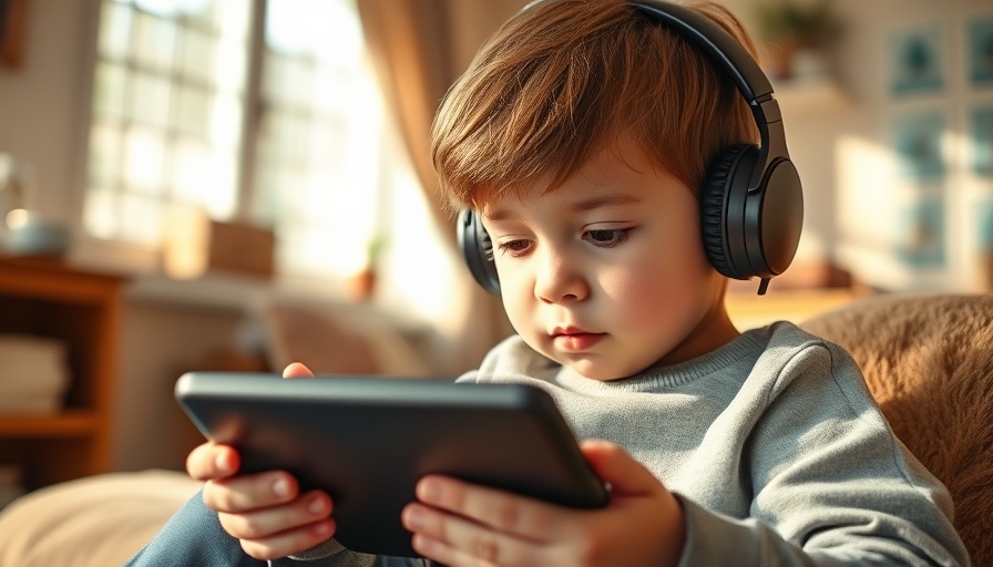 Child using headphones and tablet, AI-Generated Kids Videos.