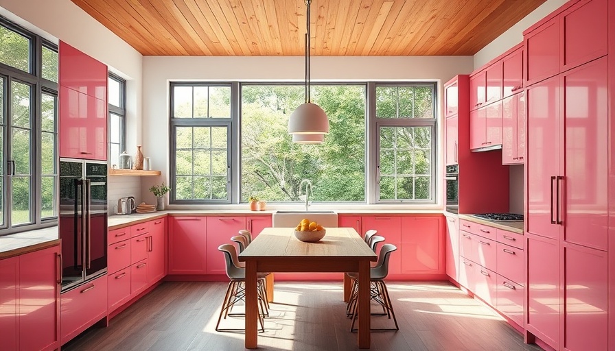 Modern kitchen with bold pink cabinets and wooden table.