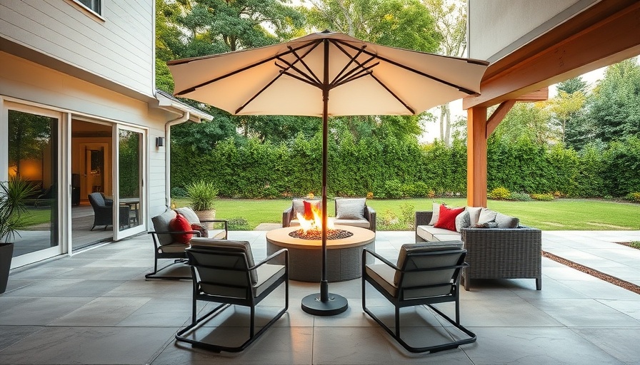 Patio with umbrella and fire pit adding shade to your yard