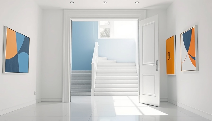 Modern home interior with open door and staircase, sleek design.