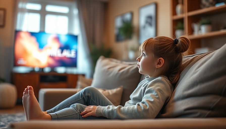Tween watching show in cozy living room; focused and relaxed.