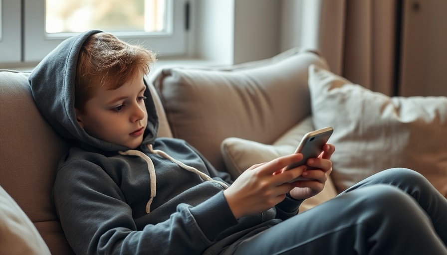 Young boy using smartphone on a couch, relaxed indoor setting.