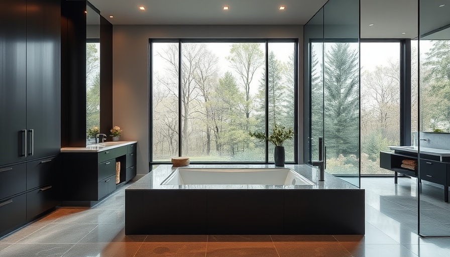 Light-filled bathroom design with large soaking tub and window view.