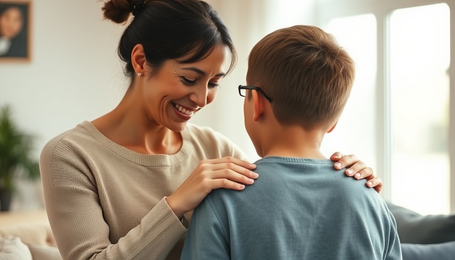 Mother comforting son indoors, emotional support scene.