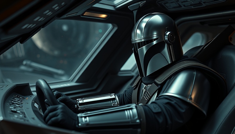 Armored Mandalorian and Grogu piloting spaceship, adventurous scene.