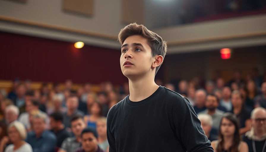 Overcoming fear of public speaking: confident speaker on stage.