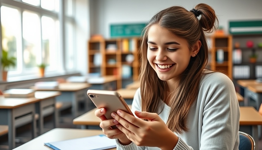 Teen girl smiling happily at her phone in a classroom, Get Sendy.