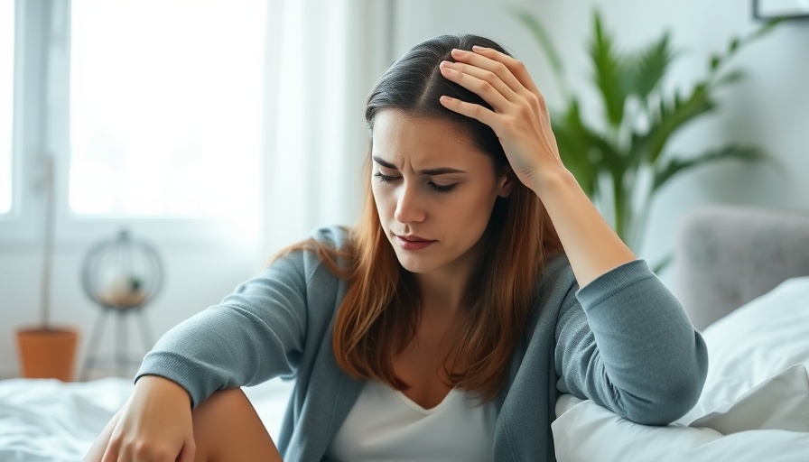 Young woman seeking migraine relief in bedroom setting.