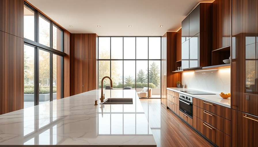 Modern kitchen with marble and wood showcasing home design trends.