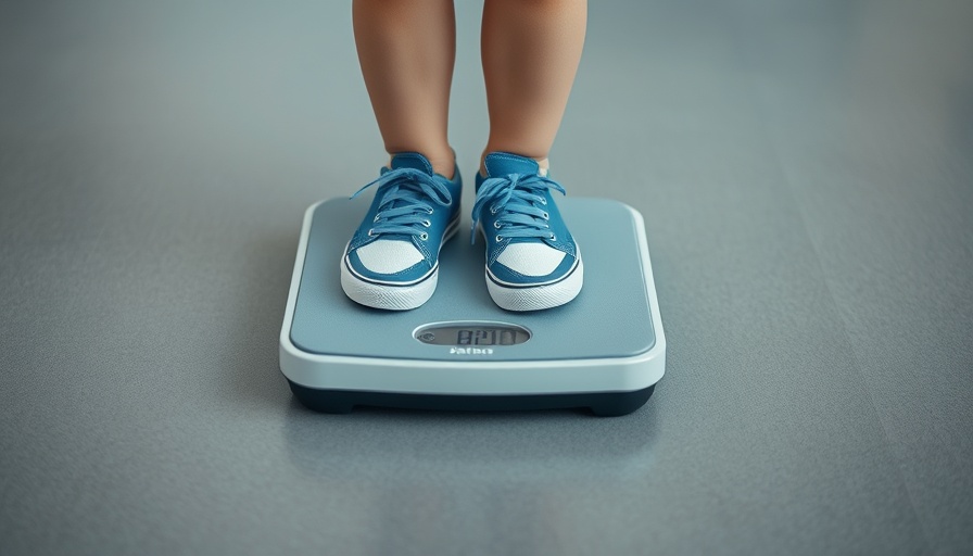 Child being weighed on scale wearing blue sneakers, school setting.