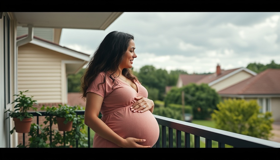 Loving couple on balcony, woman pregnant, suburban setting, 'We’re Pregnant' theme.