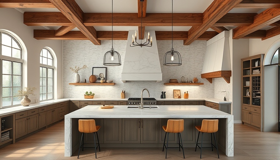 Modern kitchen with unique features like wooden beams and stylish lighting.