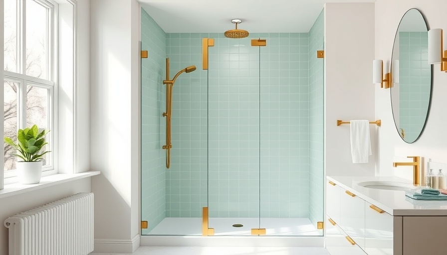 Stylish bathroom with glass shower and gold accents in trending design.