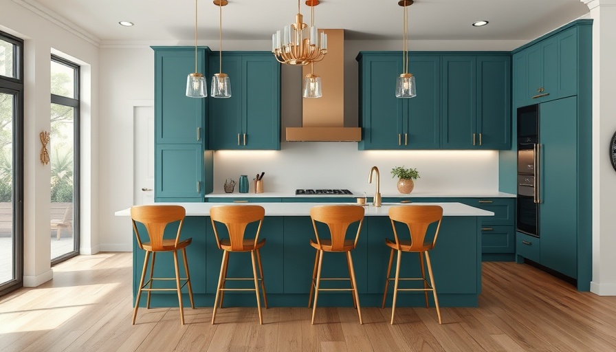 Modern kitchen with teal cabinets and gold accents, popular kitchen designs 2025.