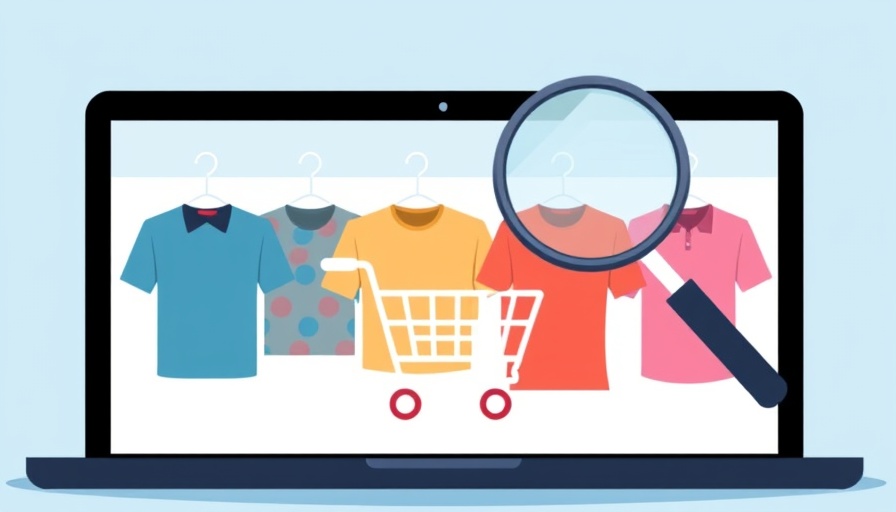 Abstract online shopping illustration with shirts and magnifying glass.