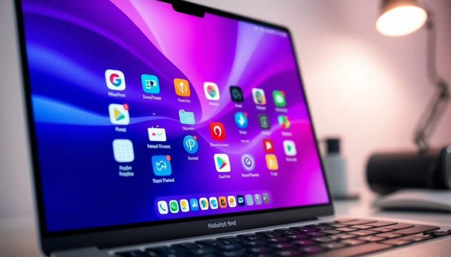 Windows laptop screen with app icons and abstract background.