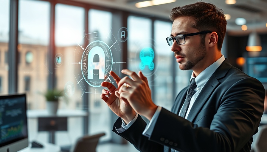 Businessperson engaging in AI projects with digital interface in office.