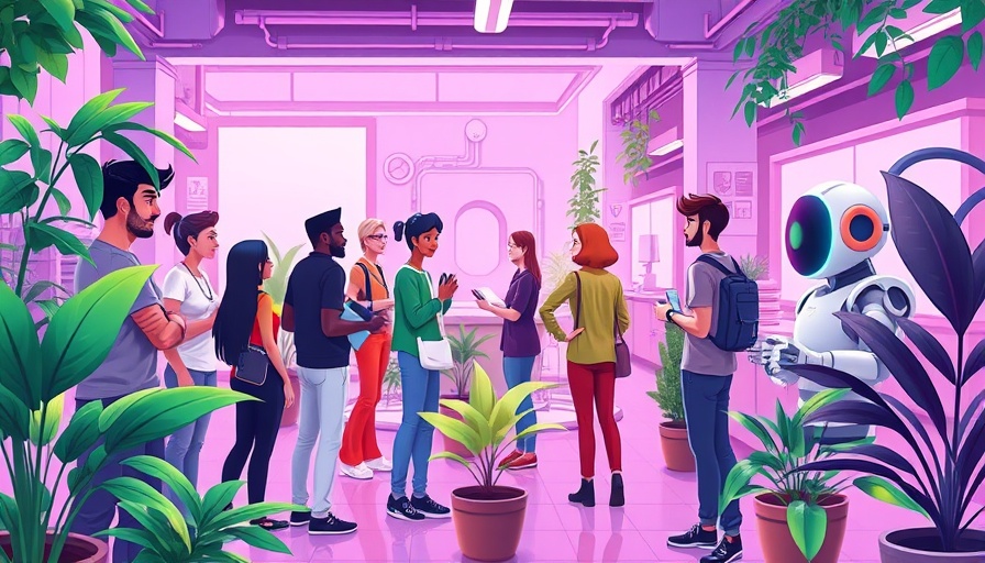 Futuristic tech hub with AI robot in a garden-like setting, agentic ai interaction.