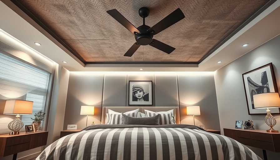Modern bedroom design with striped bedding and elegant decor.