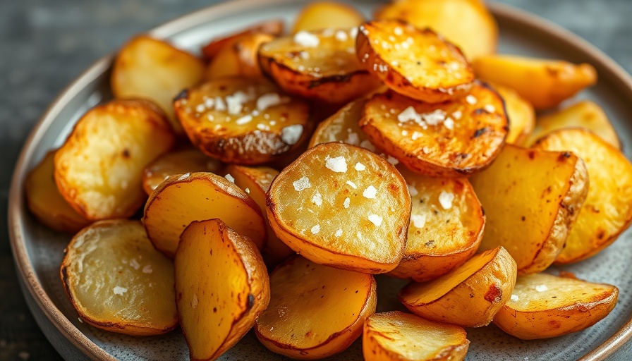 Golden crispy roasted potatoes with coarse salt on a plate.