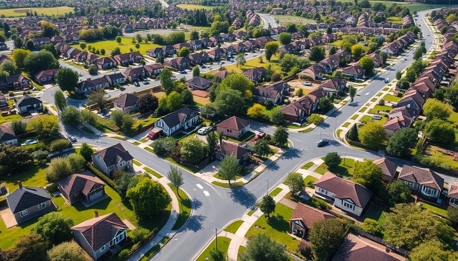 Aerial view of suburban neighborhood, highlighting varied home prices.