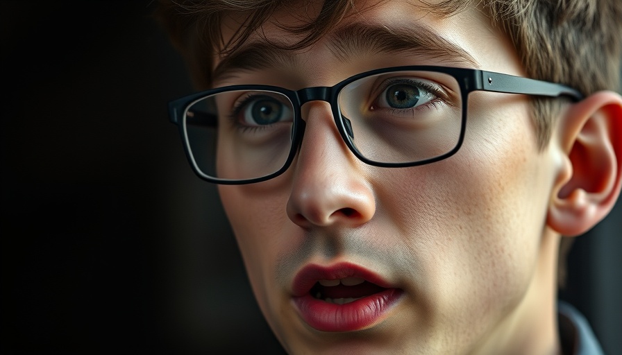 Young man with glasses discussing AI tech, close-up.