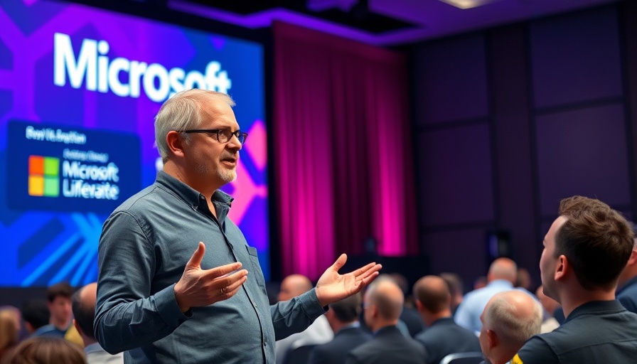 Middle-aged man presenting at Microsoft AI event with Microsoft Elevate screen.