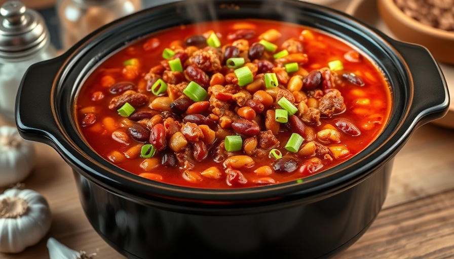 Easy crockpot chili recipe in a slow cooker garnished with greens.