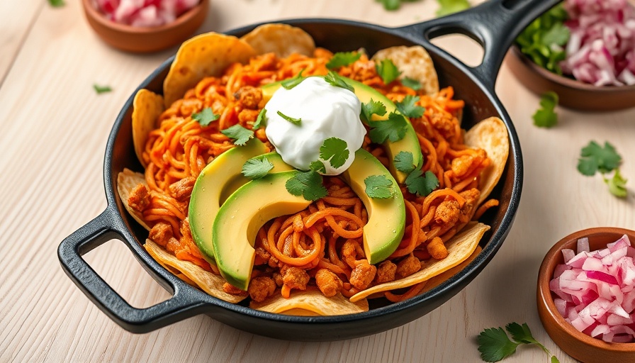 Colorful taco skillet with avocado and sour cream; easy taco skillet recipe.