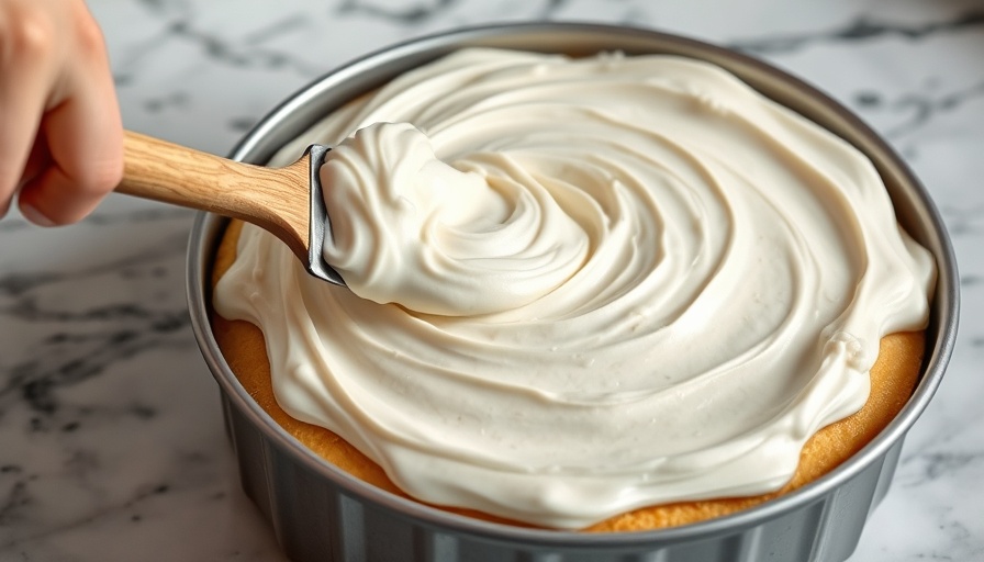 Best store-bought frosting spread on cake with spatula.
