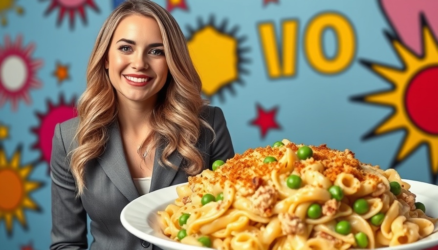 Delicious tuna noodle casserole alongside a smiling woman