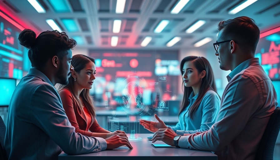 Futuristic office meeting discussing AI for human connection, diverse team.