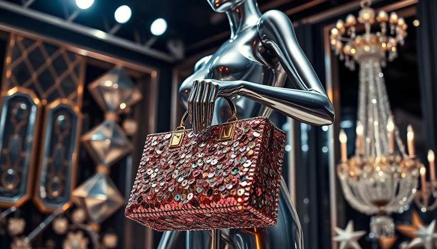 Agentic AI inspired metallic mannequin with a sequin handbag.