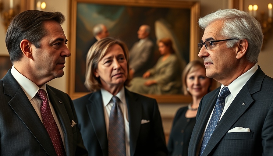 Two individuals conversing in a formal setting, related to Claude AI discussion.