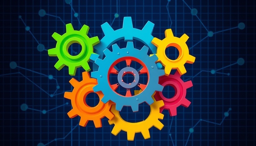 Colorful gears interlocking on a digital grid background, symbolizing AI agents teamwork.