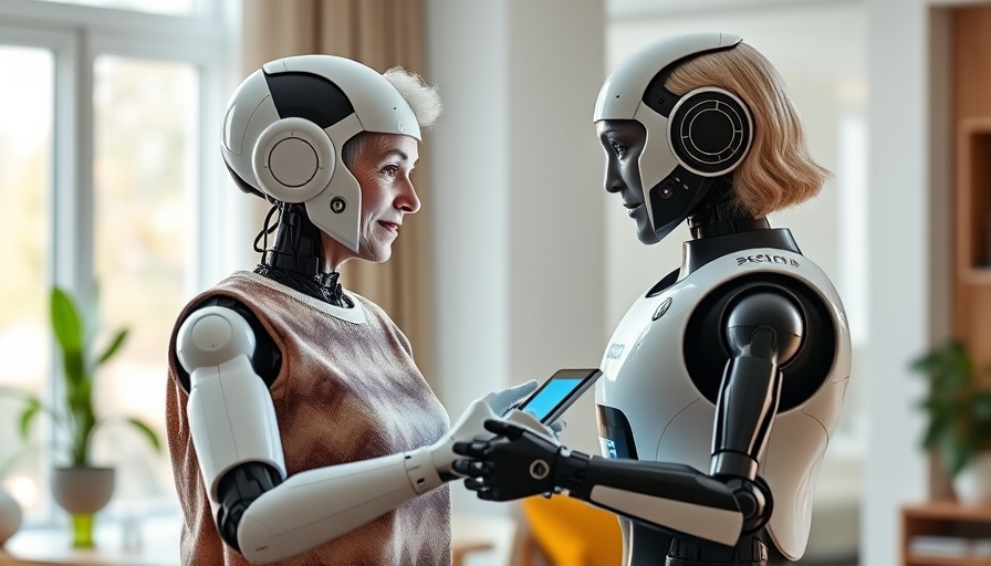 AI in healthcare: Elderly woman interacting with humanoid robot.