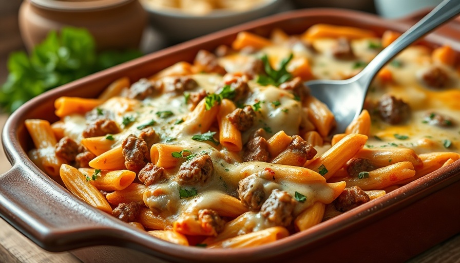 Delicious hamburger pasta bake with melted cheese in a casserole.