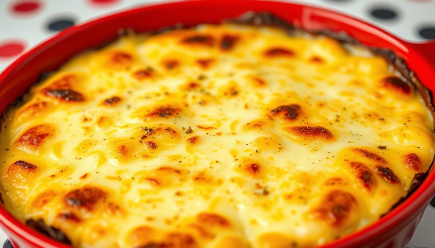 Golden tartiflette next to portrait on vibrant background.