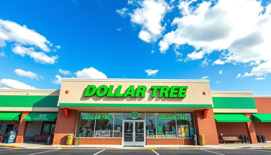 Front view of Dollar Tree store under a blue sky.
