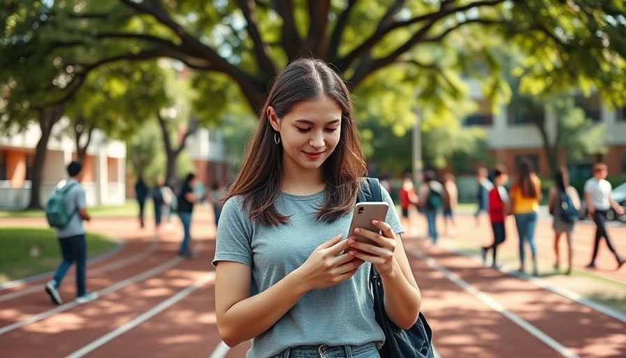 Focused young woman using smartphone at a school track, AI Suicide Prevention scene, lively atmosphere.