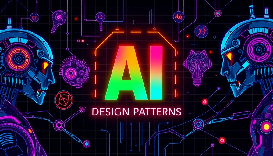 Bold graphic of agentic AI design patterns with colorful robotic elements.