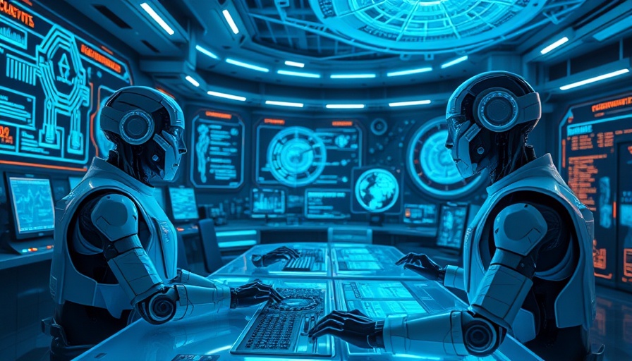Agentic AI futuristic control center with robots and holograms.