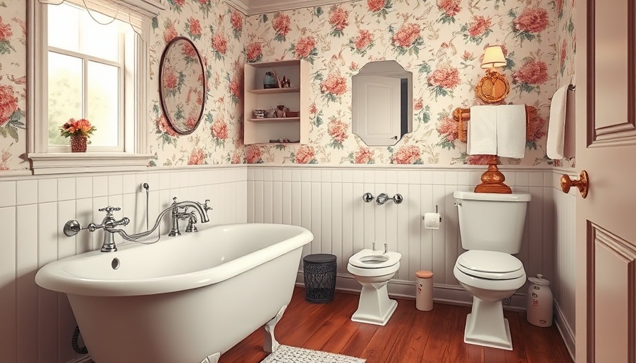 Charming vintage bathroom with 3D room design and floral wallpaper.