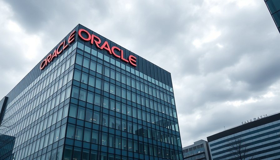 Modern building with Oracle sign under a cloudy sky.