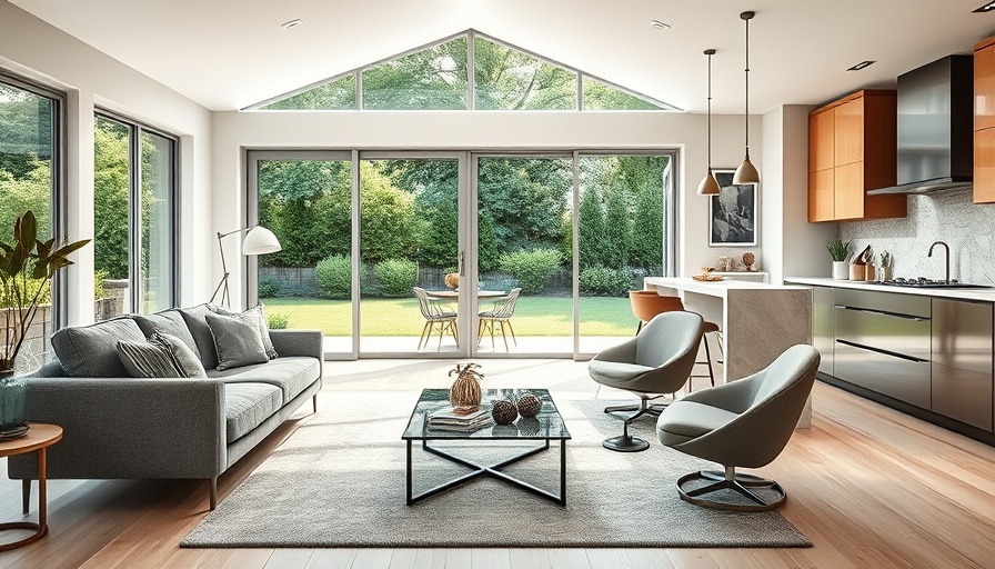 Modern living room in new construction home with open kitchen view