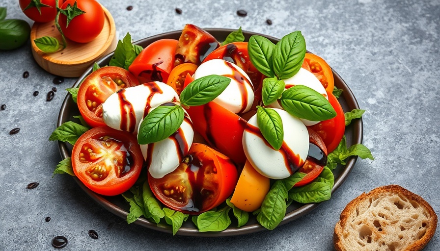 Fresh tomato burrata salad recipe with heirloom tomatoes and basil.
